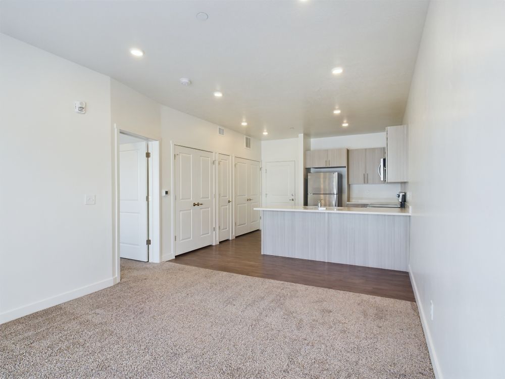 Empty modern apartment in Apartments in Ogden features a carpeted living area, an open kitchen with light wood cabinets, stainless steel appliances, and several closed white doors.