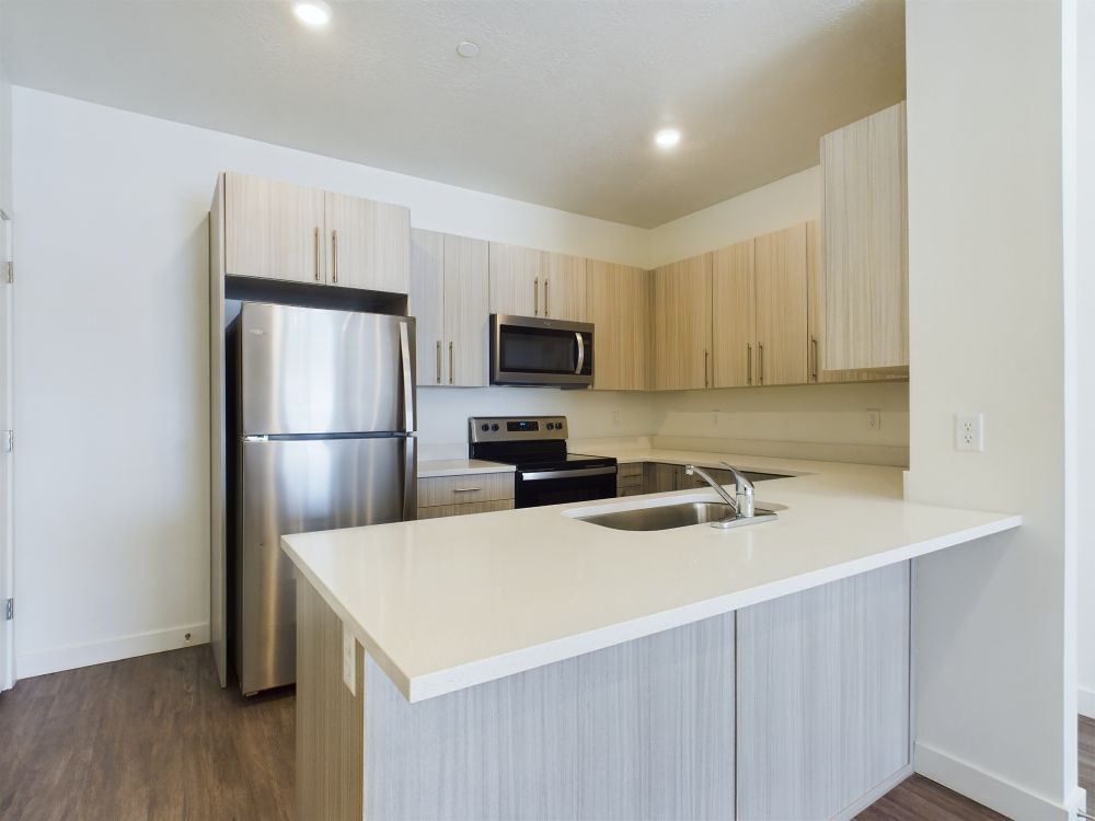Modern kitchen with light wood cabinets, stainless steel appliances, electric stove, microwave, double sink, and a large island with a white countertop.