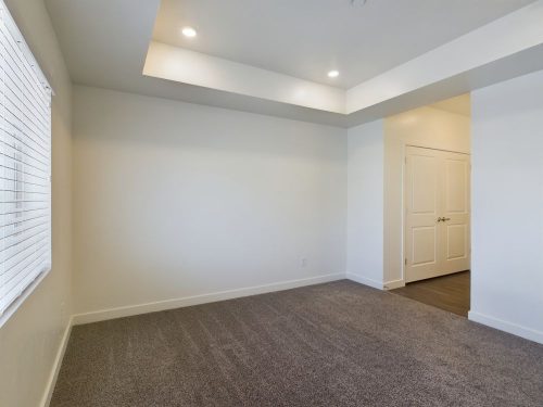 Empty room with beige carpet, white walls, tray ceiling with recessed lighting, and double doors. A window with blinds is on the left wall.