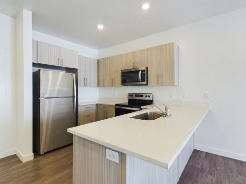 Modern kitchen with light wood cabinets, stainless steel appliances, a built-in microwave, electric stove, and a large white countertop with an integrated sink.