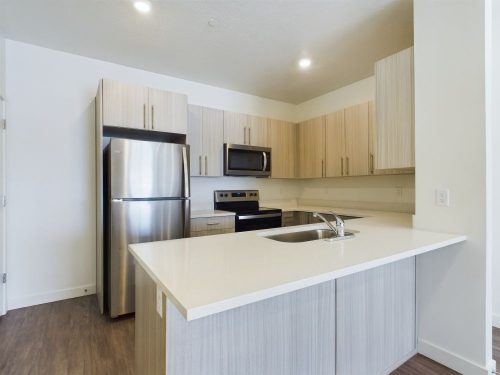 Modern kitchen with light wood cabinets, stainless steel appliances, electric stove, microwave, double sink, and a large island with a white countertop.